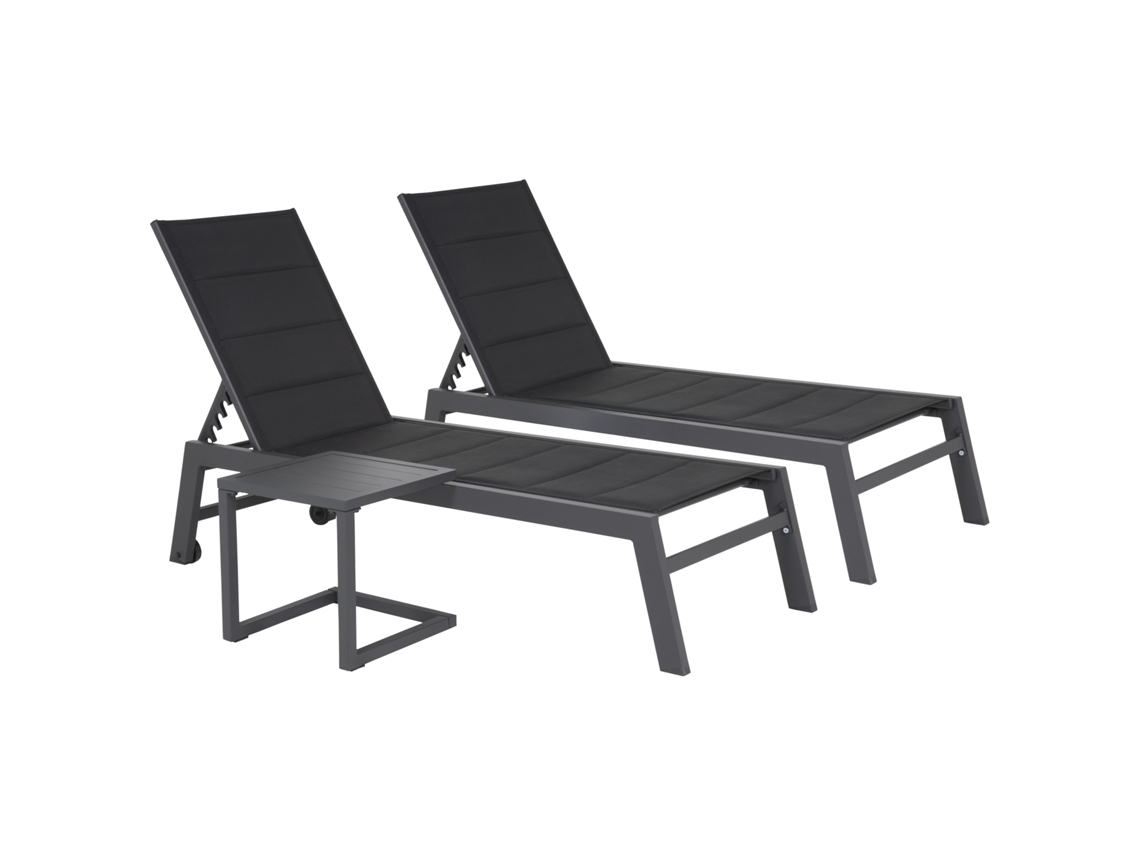 Juego de 2 tumbonas Barbados en textileno negro y mesa auxiliar de aluminio gris antracita Happy Garden
