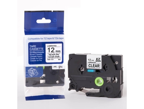 Cinta de etiquetas compatible para impresoras Brother P-Touch (Negro sobre transparente - 12 mm)