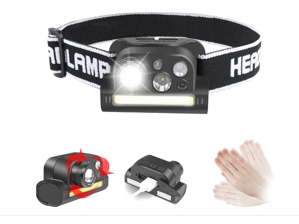 Linterna Frontal Led Con Sensor De Movimiento Para Correr, Linterna Frontal Potente Con Luz Roja/verde/luz Para Acampar/pescar/montar/cazar (negro)