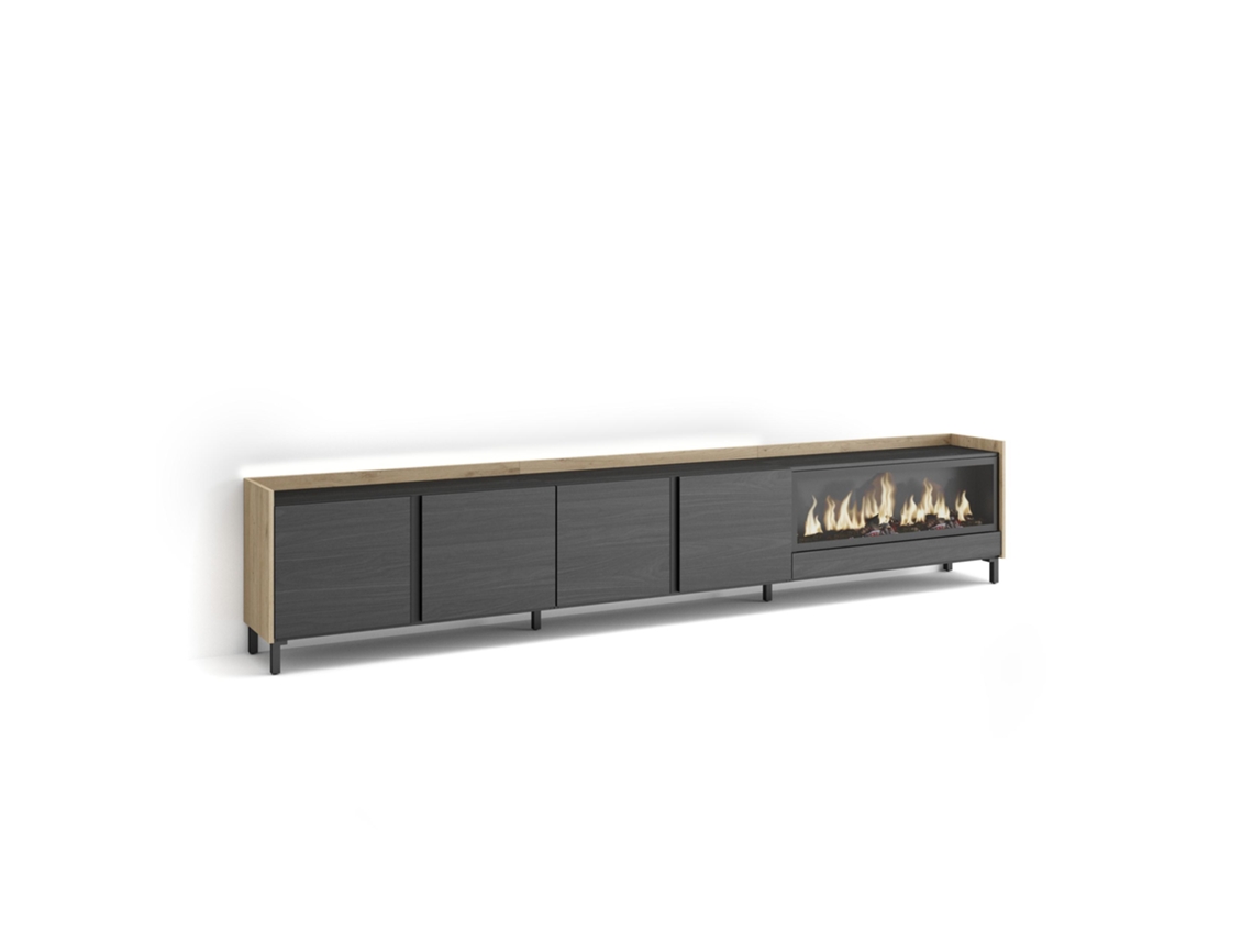 Mueble Tv, Televisión, 315x35x61cm, Para Tv Hasta 80", Chimenea Eléctrica Xxl, Diseño Industrial, Led, Negro Y Roble