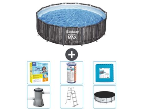 Piscina BESTWAY Round Steel Pro MAX - Impresión en madera - 427 x 107 cm - Incluye bomba - Escalera - Cobertor Accesorios CB34