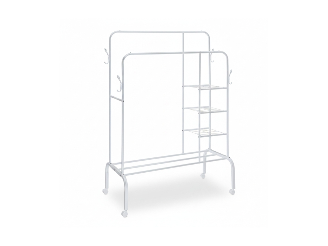 Relaxdays Cabideiro, Barra Dupla Com Rodas E Prateleiras, A X L X P: 154 X 110 X 55 Cm, Cabideiro De Metal, Branco