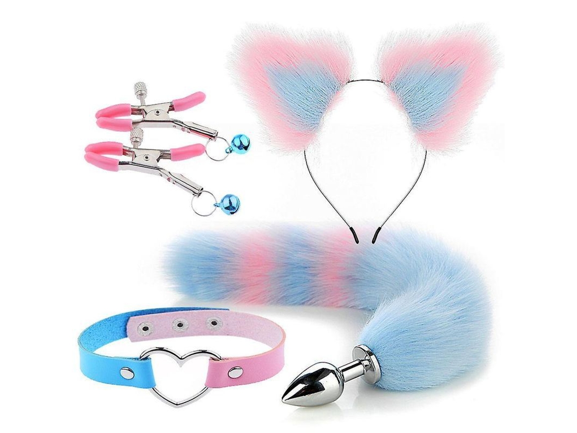 Dan26-conjunto De Juguetes Eróticos Cola De Zorro Con Tapón Anal, Clip De Orejas Y Collar Para Rolplay Y Cosplay Azul Rosa 5