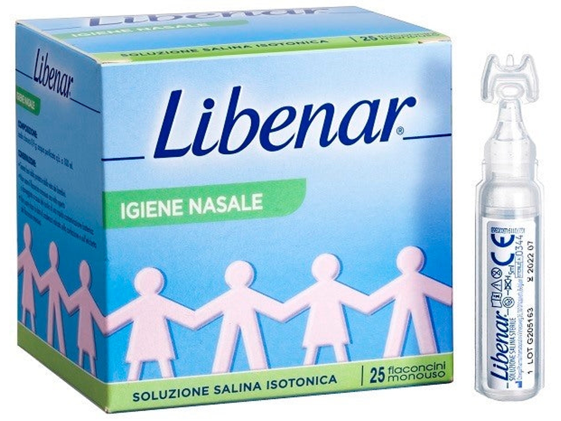 Solución salina isotónica Libenar 0,9 ml para higiene nasal, 25 frascos de un solo uso x 5 ml
