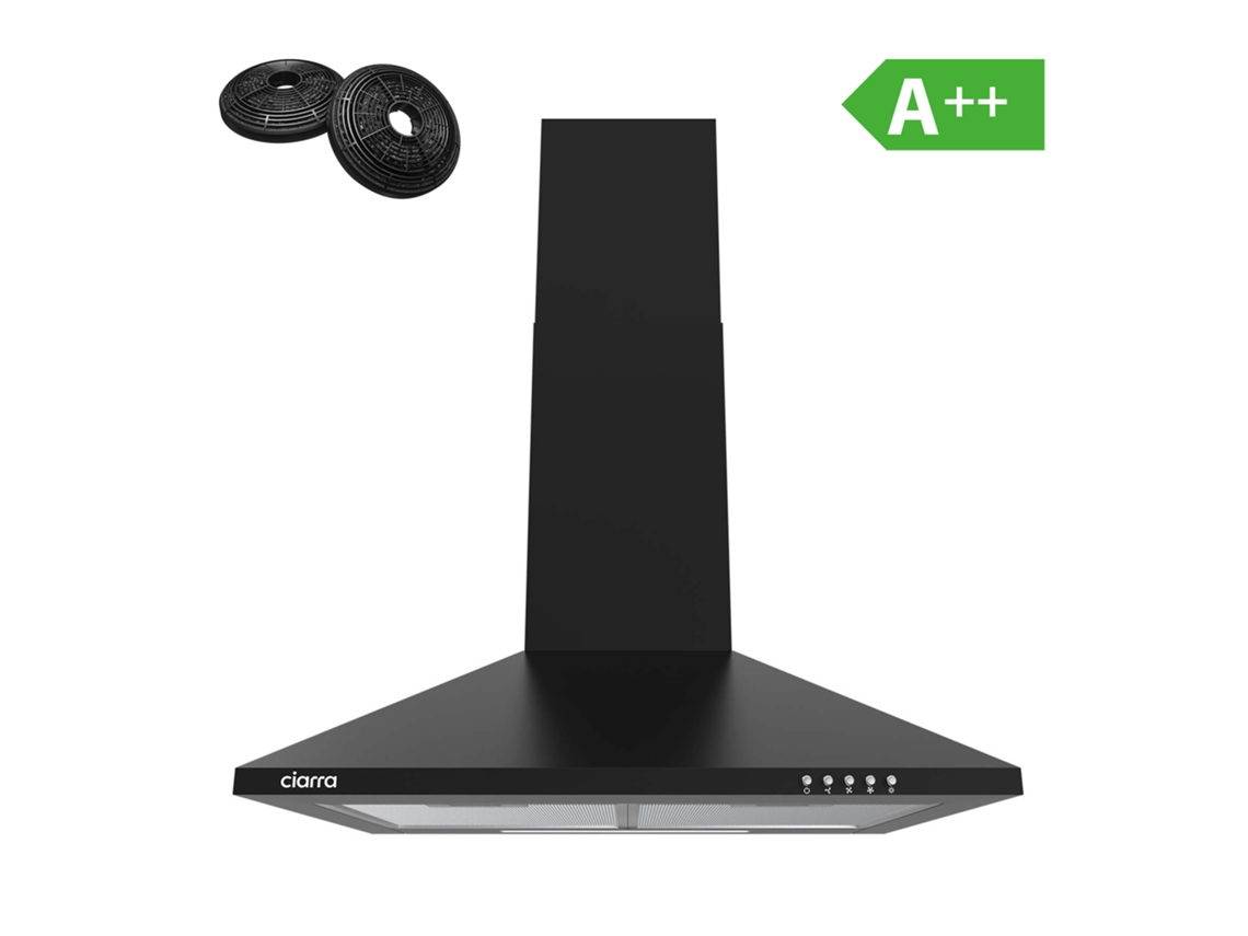Ciarra Campana Extractor De Pared 60cm 370m³/h A++ Recirculación Con Filtros De Carbón (2 Piezas) Y Exaustión Externa 3 Modos Negro 201bk60