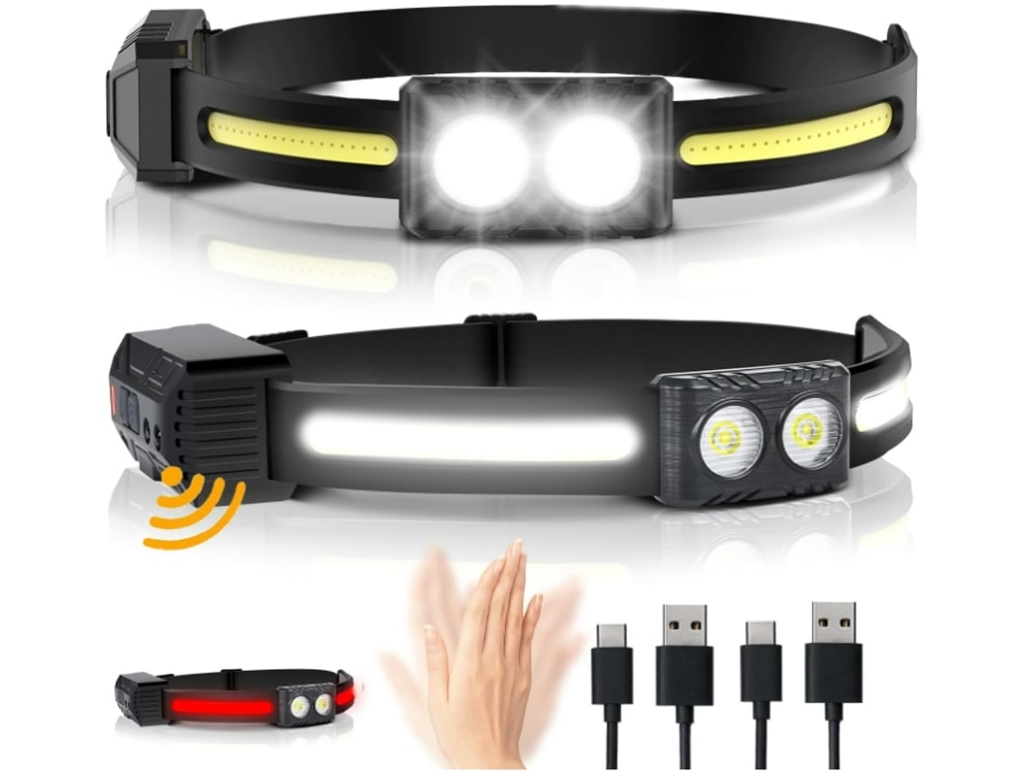 Linterna frontal recargable Yunzii (2 unidades, 1200 lúmenes, haz ancho de 260°, 9 modos, sensor de movimiento, color negro)