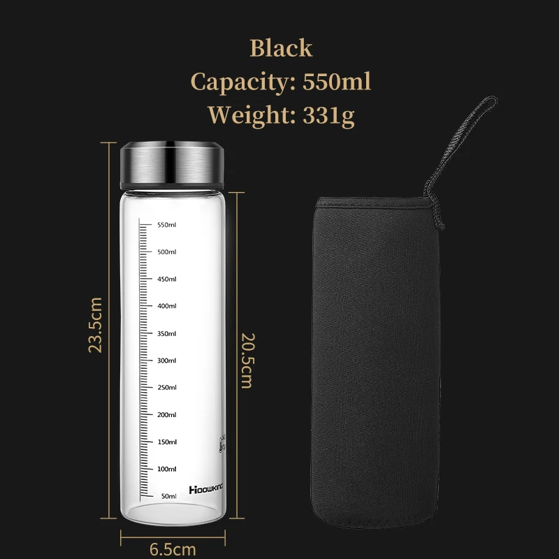 Botella de agua térmica portátil de vidrio con marcas de nivel, ideal para deportes al aire libre. MDUG (negra, 550 ml)