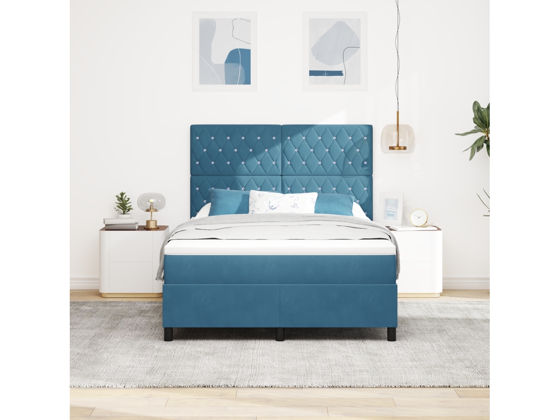 Cama Box Spring Colchón Y Led Terciopelo Azul Oscuro 140x190 Cm