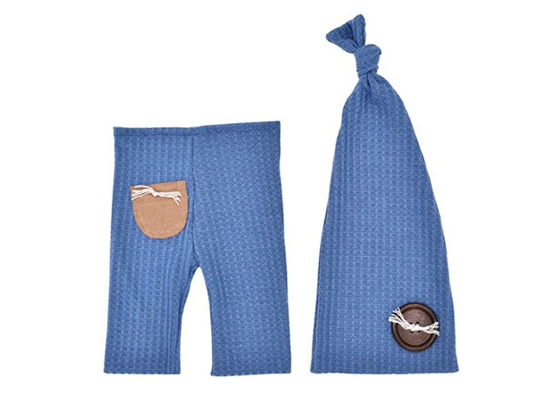 Traje De Foto Para Recién Nacido Ropa Azul Pantalones Gorro Crochet Suave Transpirable Botones De Madera Accesorios