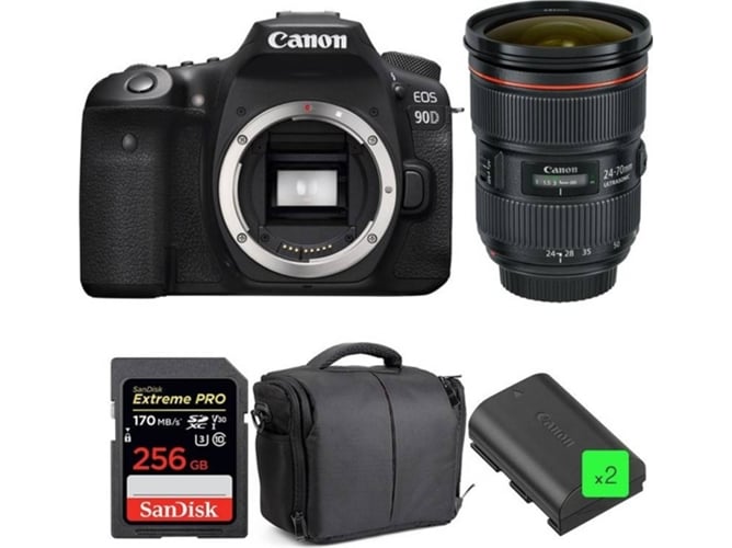 Kit Cámara Réflex CANON EOS 90D + EF 24-70mm f/2.8L II USM + SanDisk 256GB + 2 LP-E6N + Bolsa