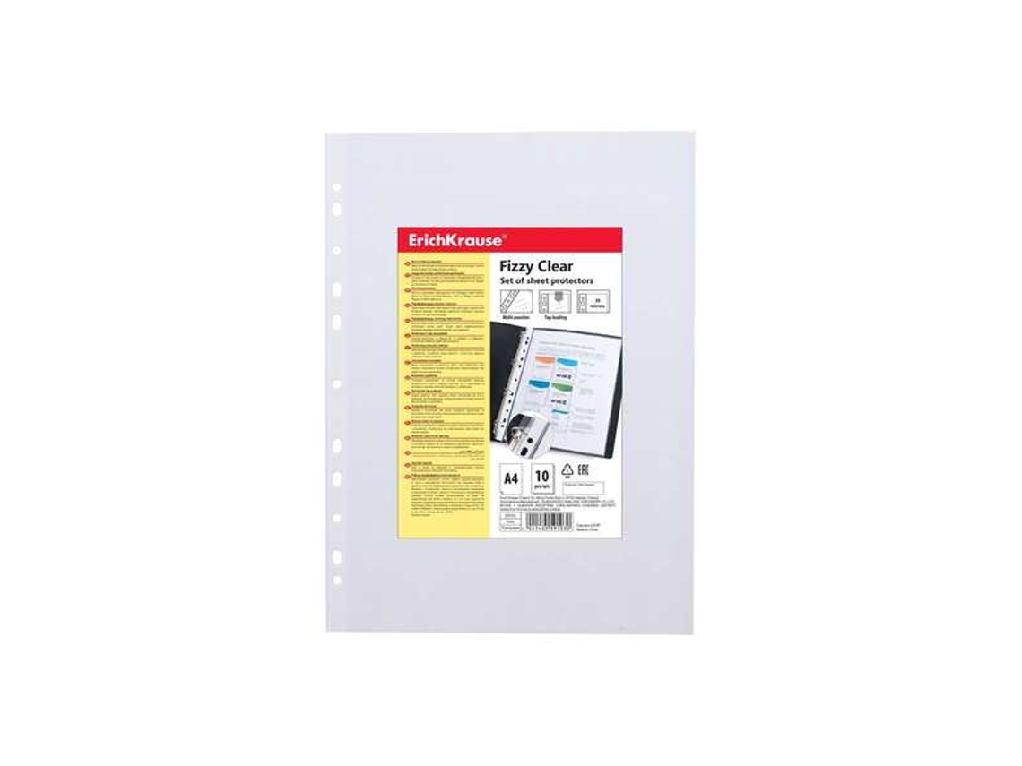 Paquete de 10 fundas transparentes con múltiples orificios, tamaño A4, 30 micras, 11 orificios, acabado rugoso, transparente, Erichkrause