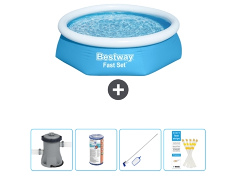 Piscina hinchable redonda Fast Set BESTWAY - 244 x 61 cm - Azul - Bomba incluida Filtrar - kit de limpieza - Tiras de prueba
