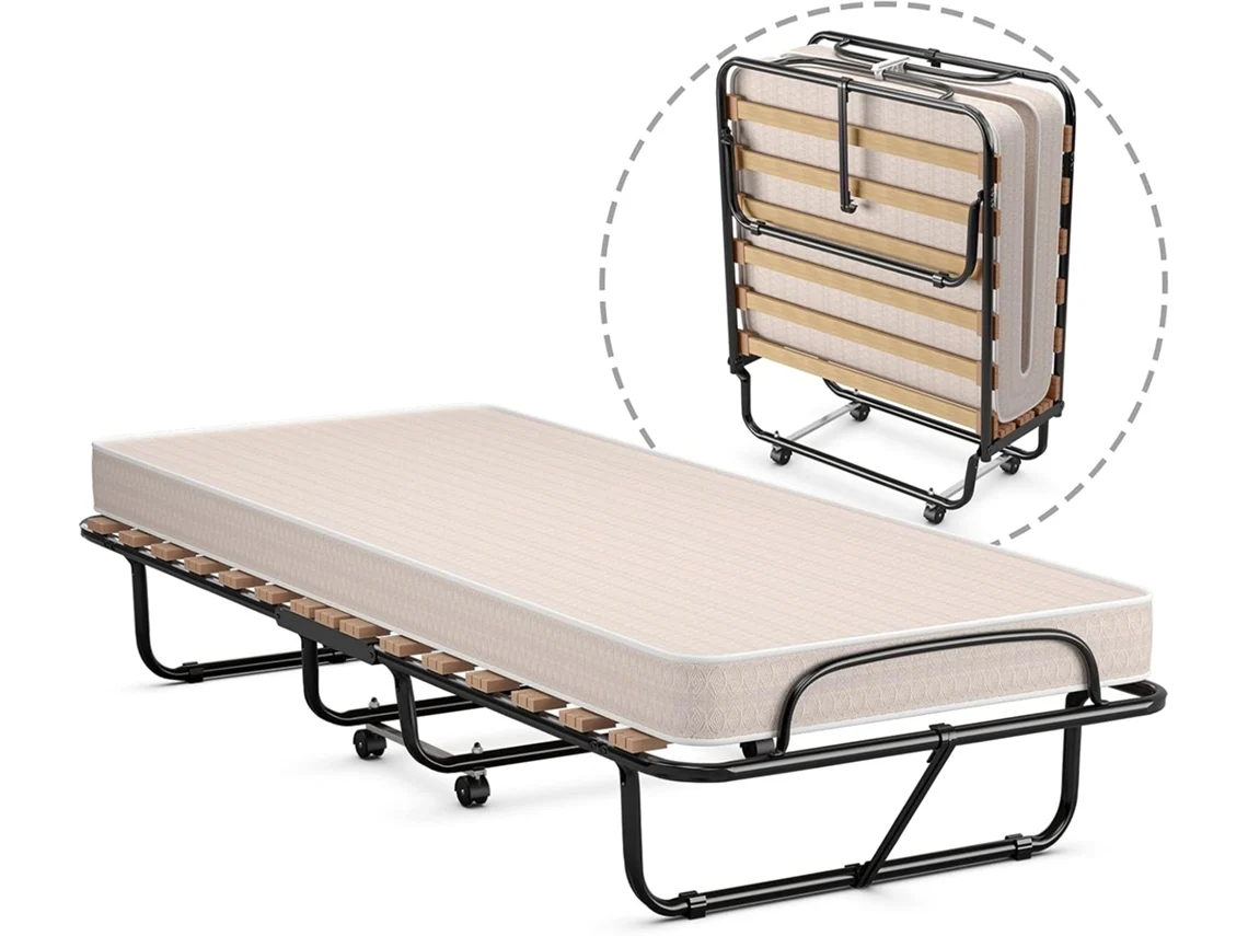 Cama Plegable 80 x 190 cm, 4 Ruedas, Cama Supletoria Plegable con Colchón de Espuma Viscoelástica de 10 cm, Marco Metálico, Cama Individual Portátil para Camping, Oficina, Hogar COSTWAY