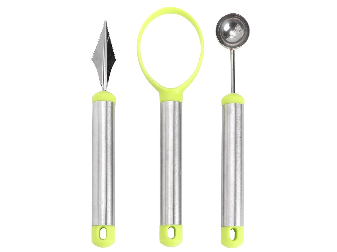 Juego De 3 Herramientas Para Desenterrar Melones Y Otras Frutas Con Mango Ergonómico, Acero Inoxidable, Color Verde Y Plateado.