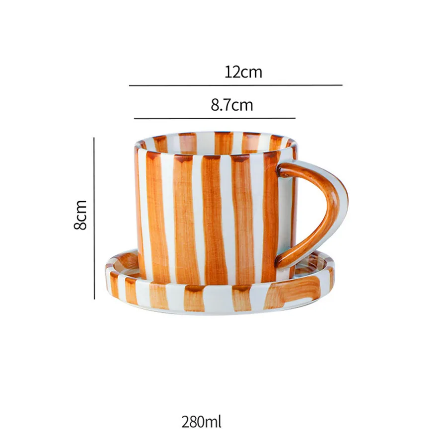 (marrón Chocolate, 200-400 Ml) Juego Minimalista De Taza Y Platillo De Cerámica Pintados A Mano Con Rayas, Ideal Para Café Con Leche.