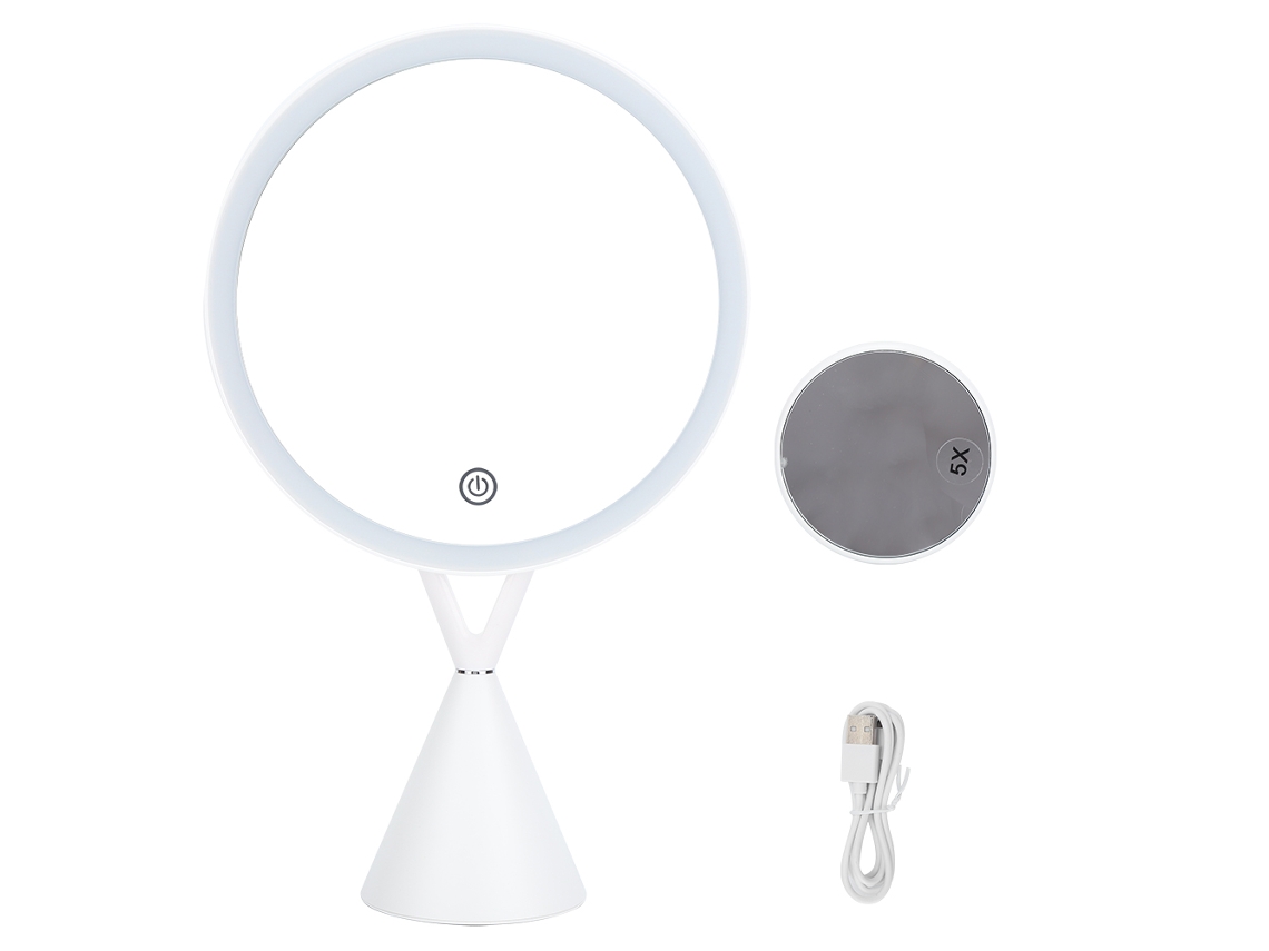Espejo de maquillaje con luz LED para escritorio, brillo ajustable.
