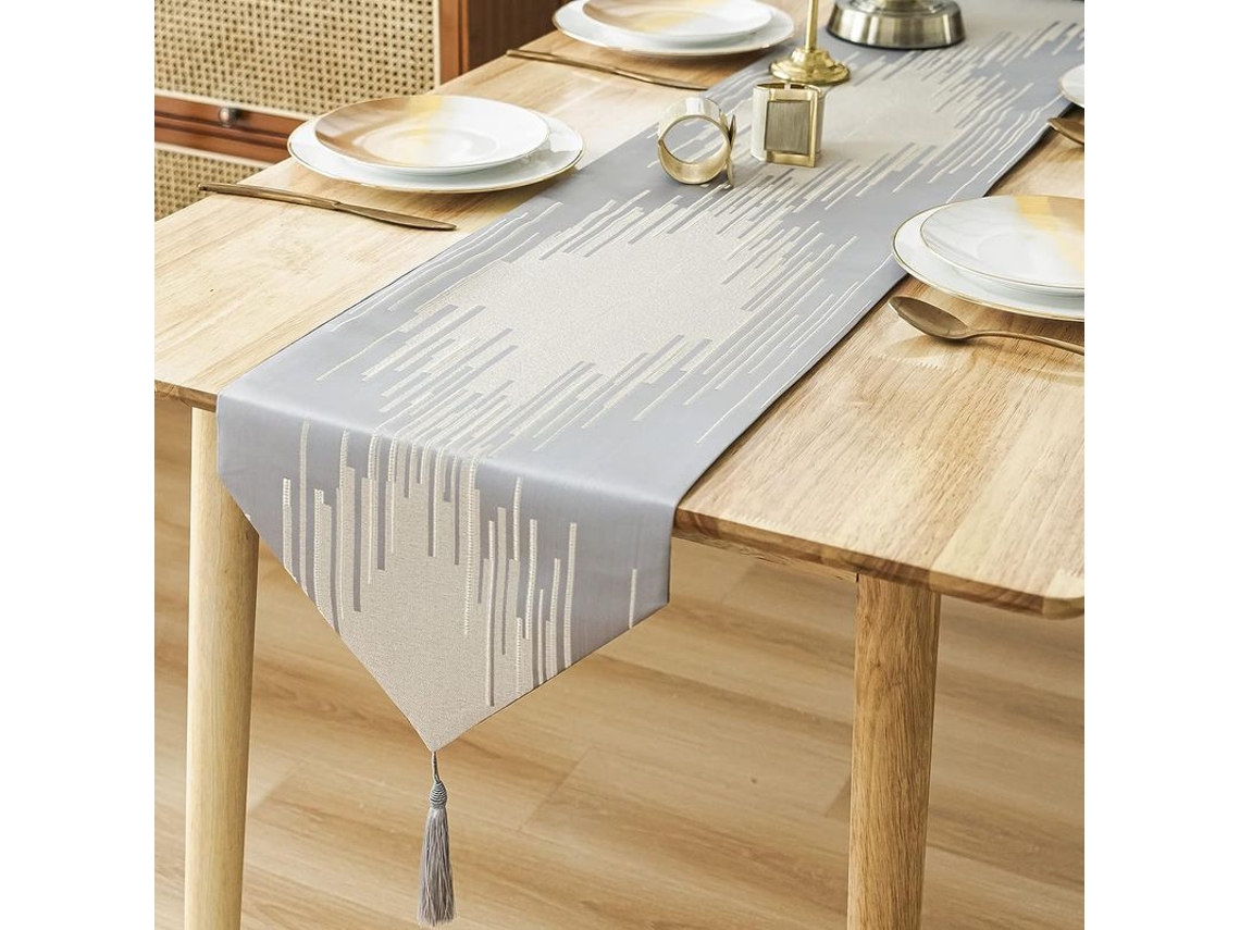 Camino De Mesa Gris De Lujo De 30x180 Cm Con Flecos, Duradero Para Mesa De Comedor.
