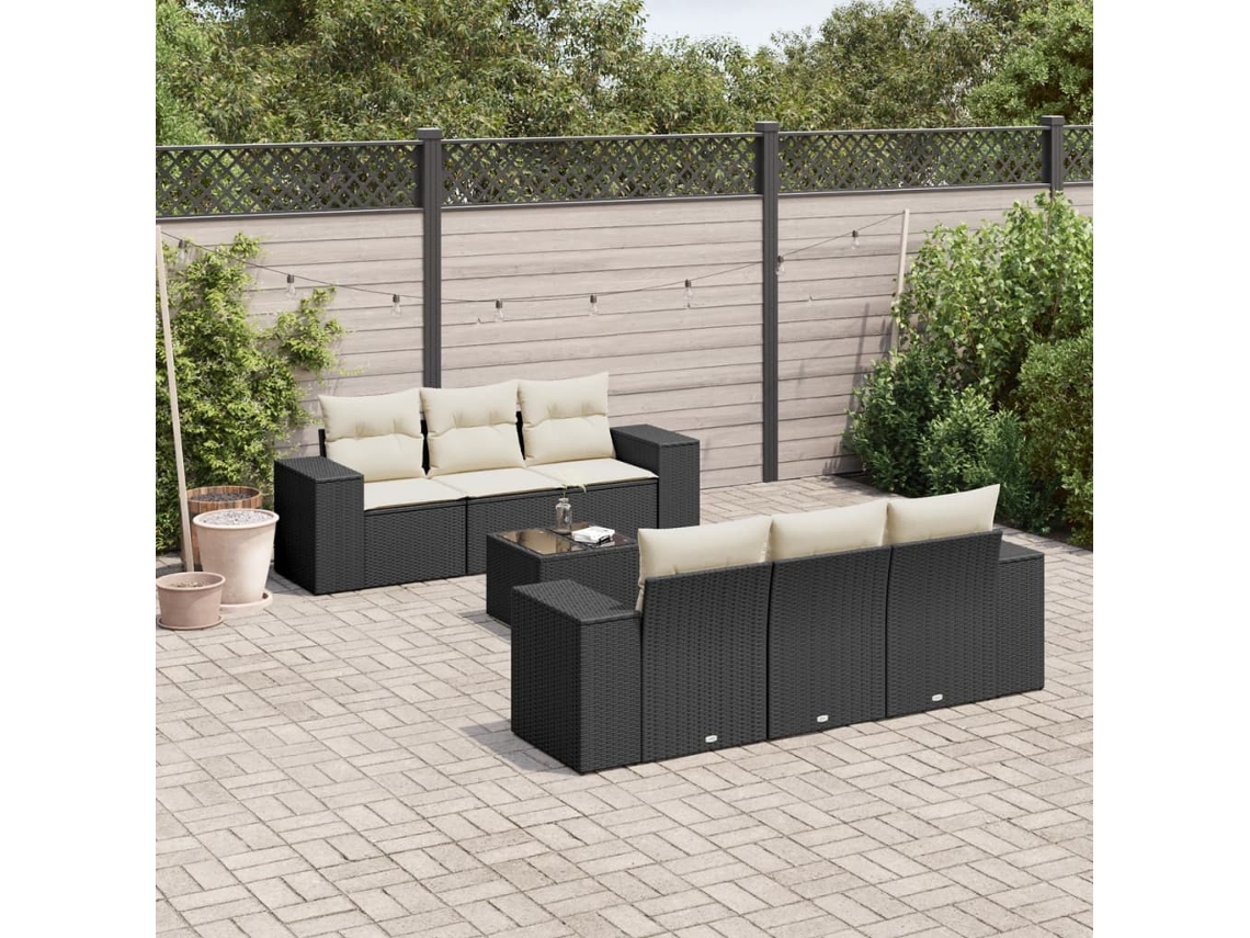 Conjunto de sofá de jardín de 7 piezas con cojines, ratán negro, Dkd Home Decor