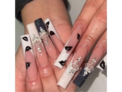 Uñas Postizas Largas Linjou En Blanco Y Negro Con Purpurina Y Diamantes, Color Nude Bailarina, De Presión Y Pegamento.