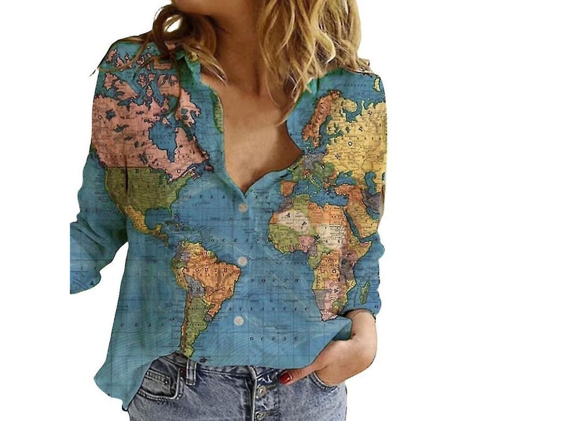 2026-blusa Manga Larga Para Mujer Con Estampado De Mapa Mundial Cuello Solapa Casual Verano Algodón