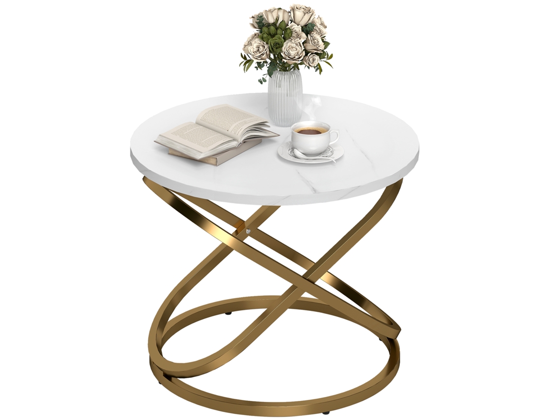 Mesa Basse Ronde Estilo Industrial En Metal Doré Et Plateau Effet Marbre - Dim. Ø60 X 46al Cm