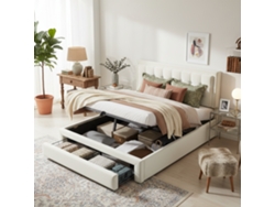 Cama De 140x190 Cm Con 2 Cajones, Tapizada En Terciopelo Beige Y Somier De Láminas De Madera.