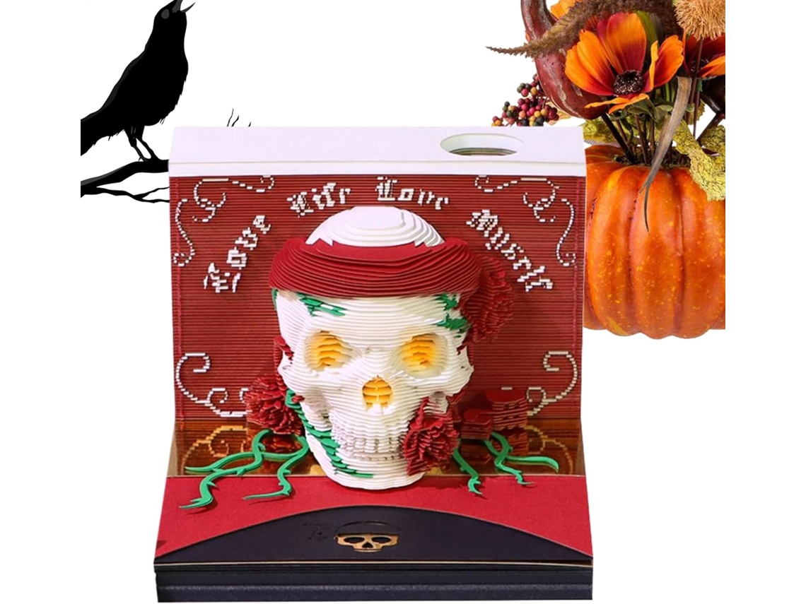 Reloj calendario 2026, bloc de notas desmontable en papel con relieve 3D en forma de calavera.
