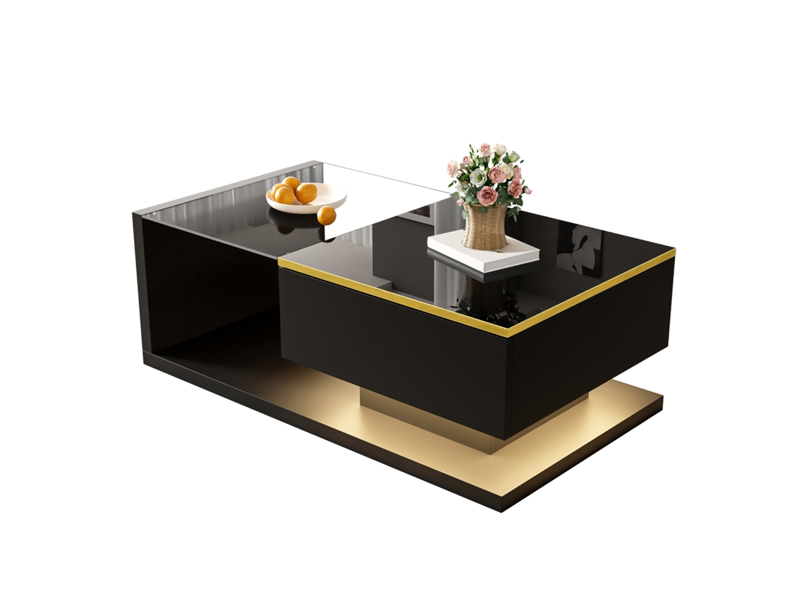 Mesa de centro negra brillante de 90 cm con cristal y luz LED, mesa auxiliar moderna para salón.