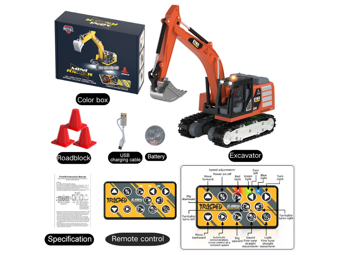 Miniexcavadora 1:64, carrocería metálica, con efectos de luz y sonido, altura ajustable MDUG (naranja)