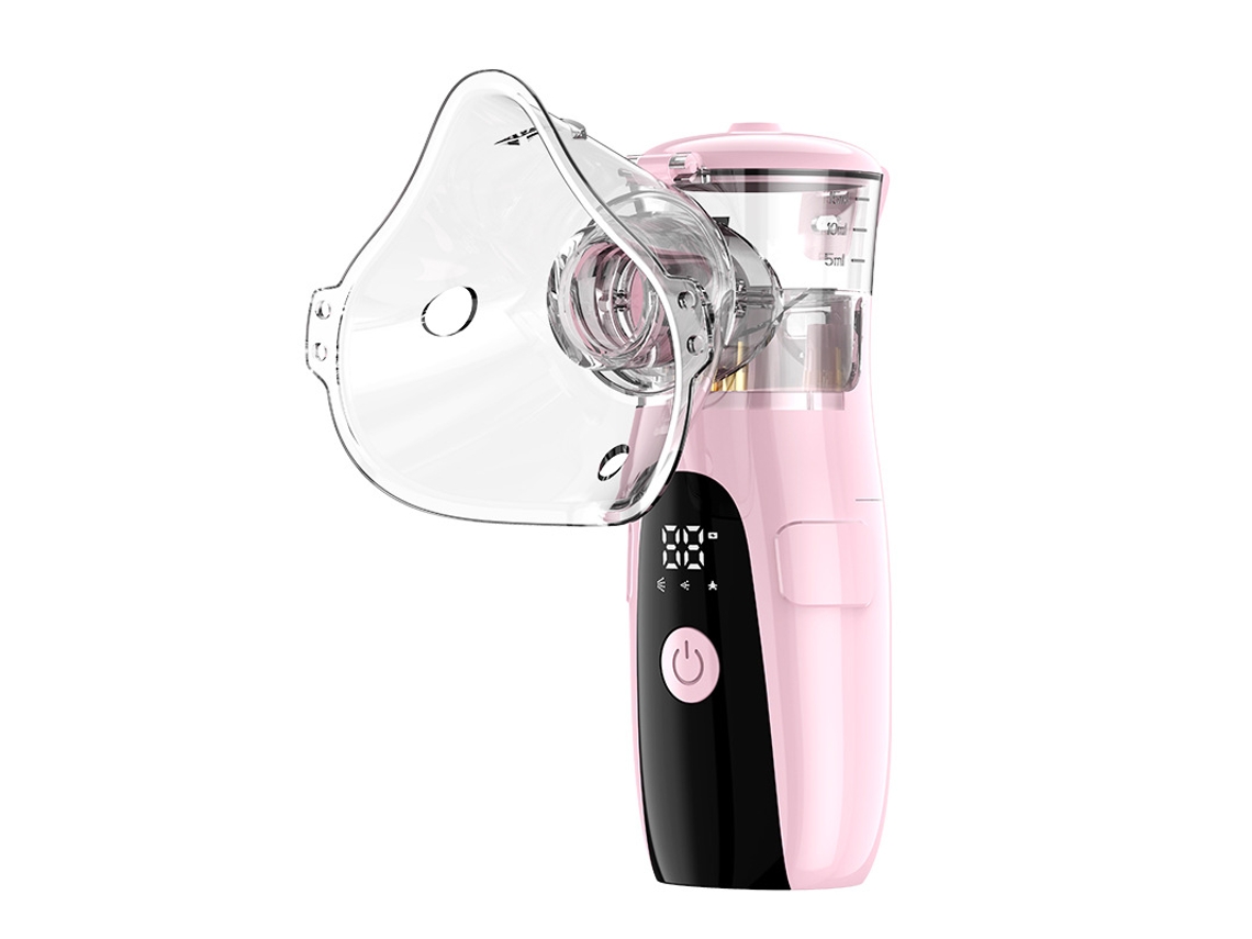 Atomizador portátil con LED rosa, doble fuente de alimentación, 3 modos, funcionamiento silencioso, ideal para uso doméstico.