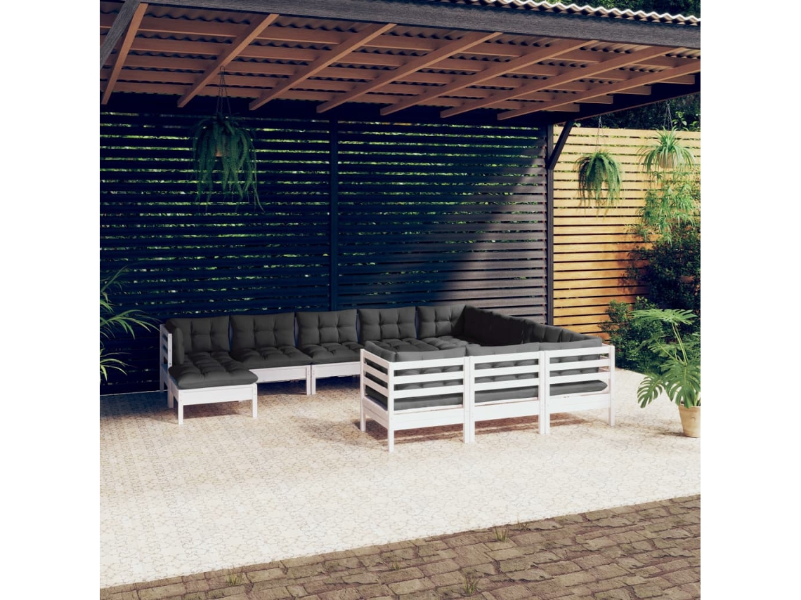 11 Piezas Conjunto Lounge De Jardim C/ Almofadões Pinho Branco Dkd Home Decor