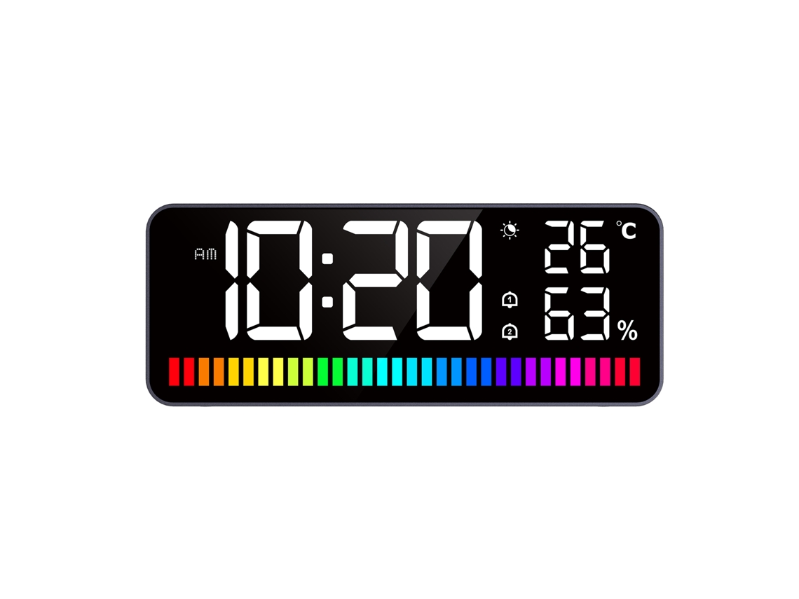 Reloj despertador LED 2026 con barra de luz rítmica, luz nocturna, pantalla grande, temperatura, humedad, doble alarma y función de repetición.