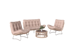 Conjunto de salón de jardín de 4 piezas en poliratán: sofá, 2 sillones, mesa de cristal, cojines gruesos.