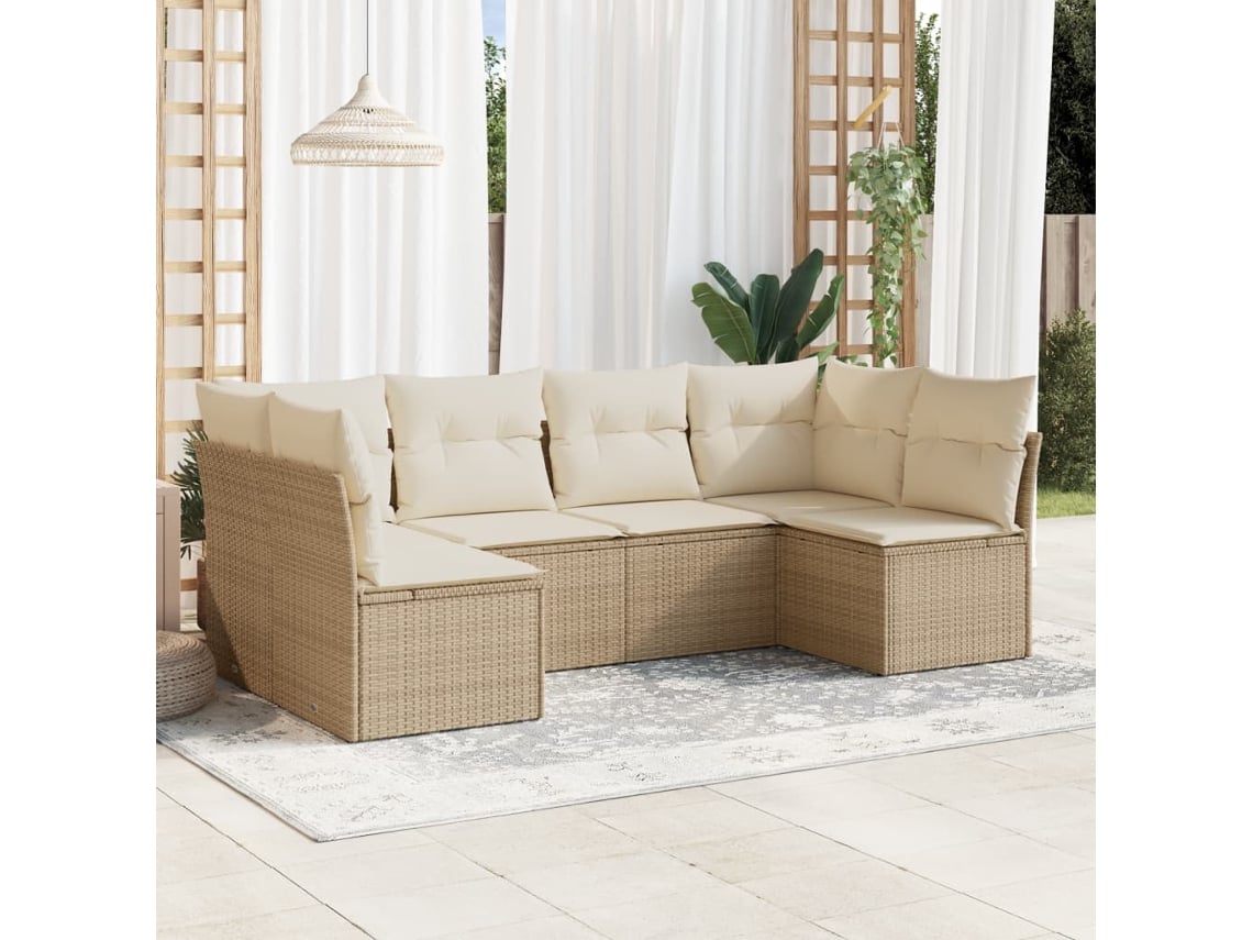 Conjunto de sofá de jardín de 6 piezas con cojines, mimbre sintético beige, Dkd Home Decor