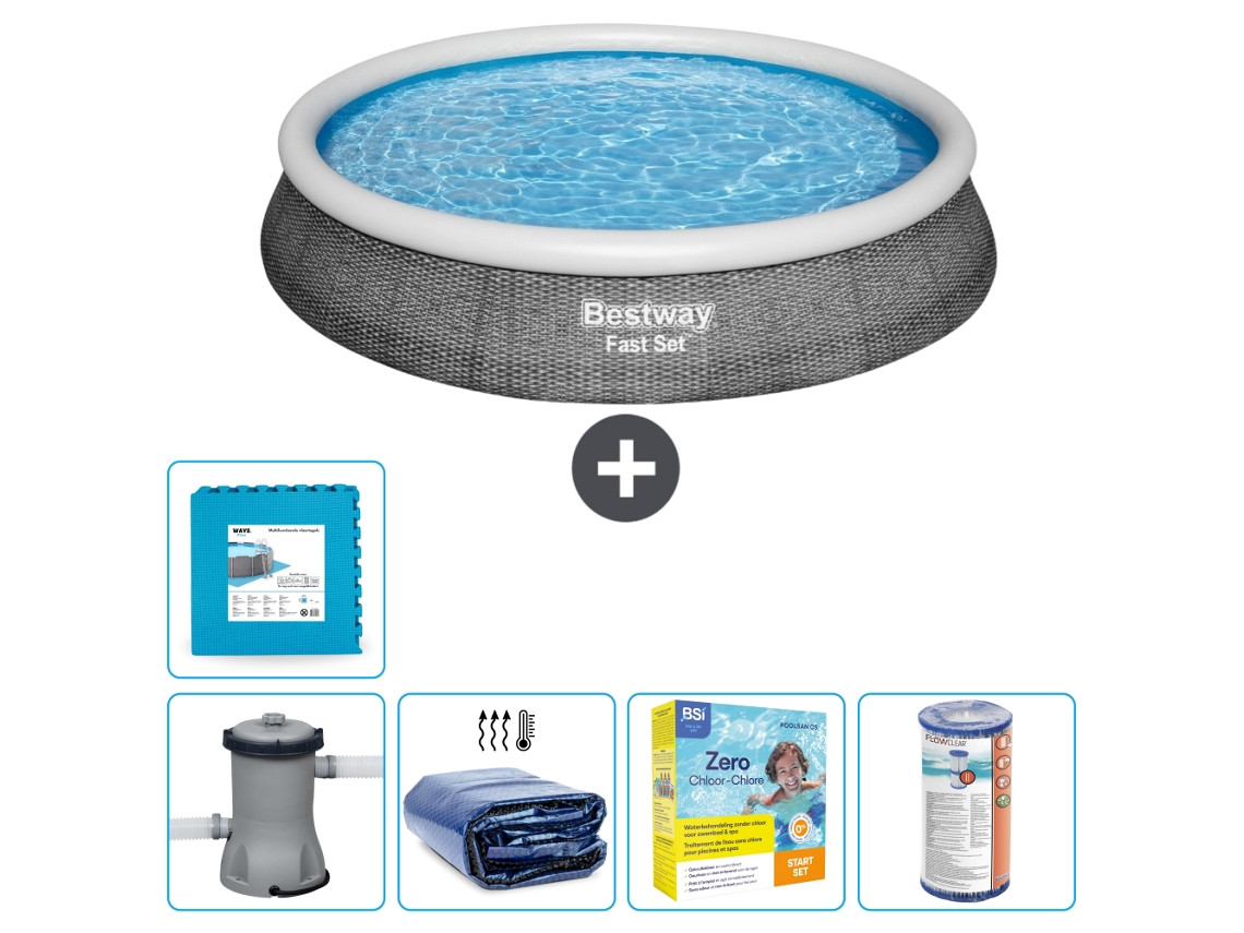 Piscina hinchable redonda Fast Set BESTWAY - Estampado ratán - 396 x 84 cm - Bomba incluida Vela solar - Paquete de mantenimiento - Filtrar - Baldosas