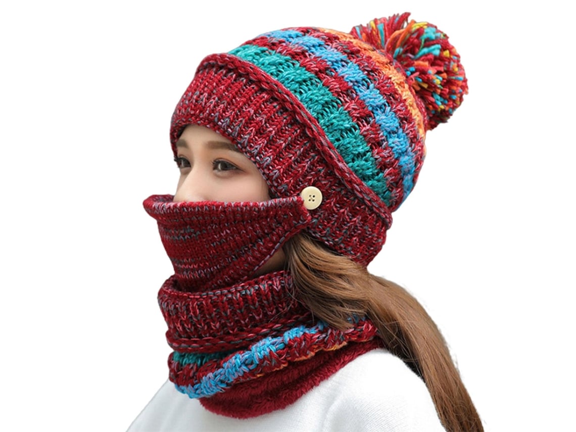 Conjunto de gorro de tricô 3 em 1 Jinwei para mulheres e meninas, gorro de inverno quente com forro de lã e pompom.