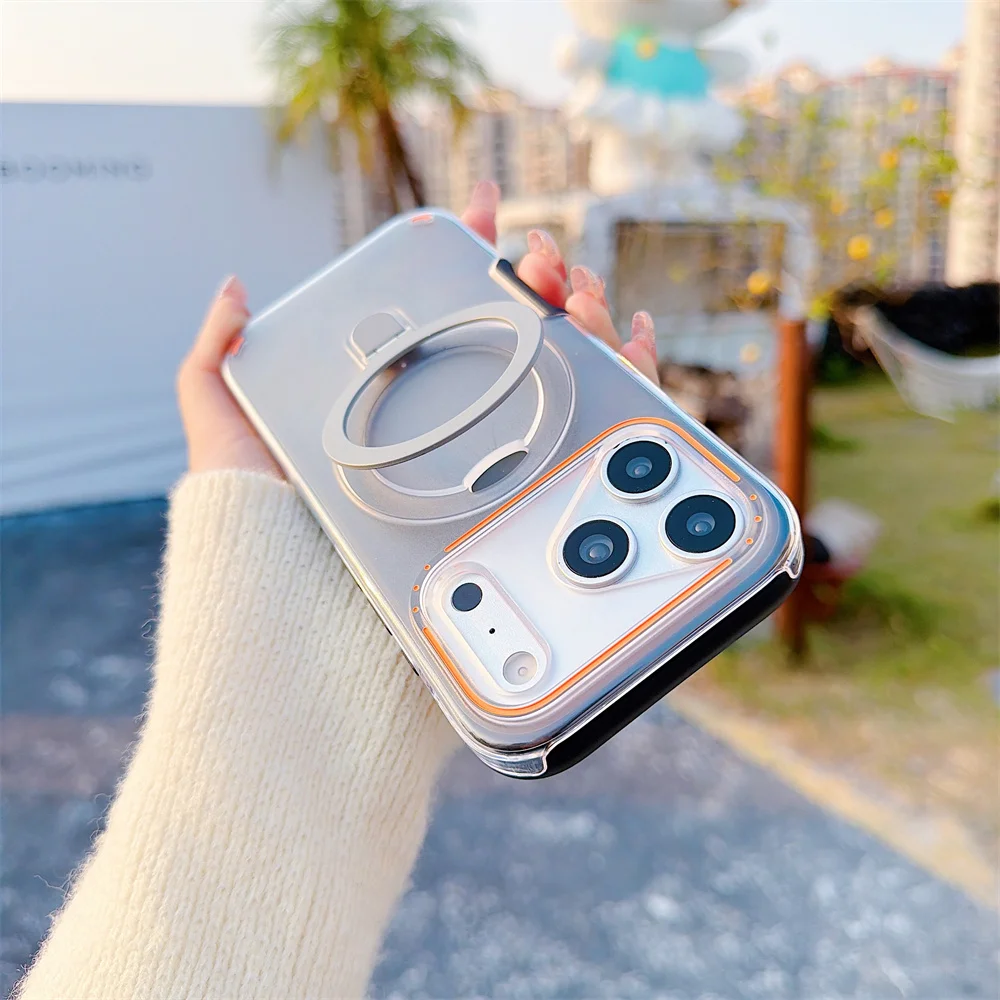 (iphone 17, Negro) Funda Magnética Transparente Mate Para Iphone Con Soporte De Anillo Metálico Magsafe