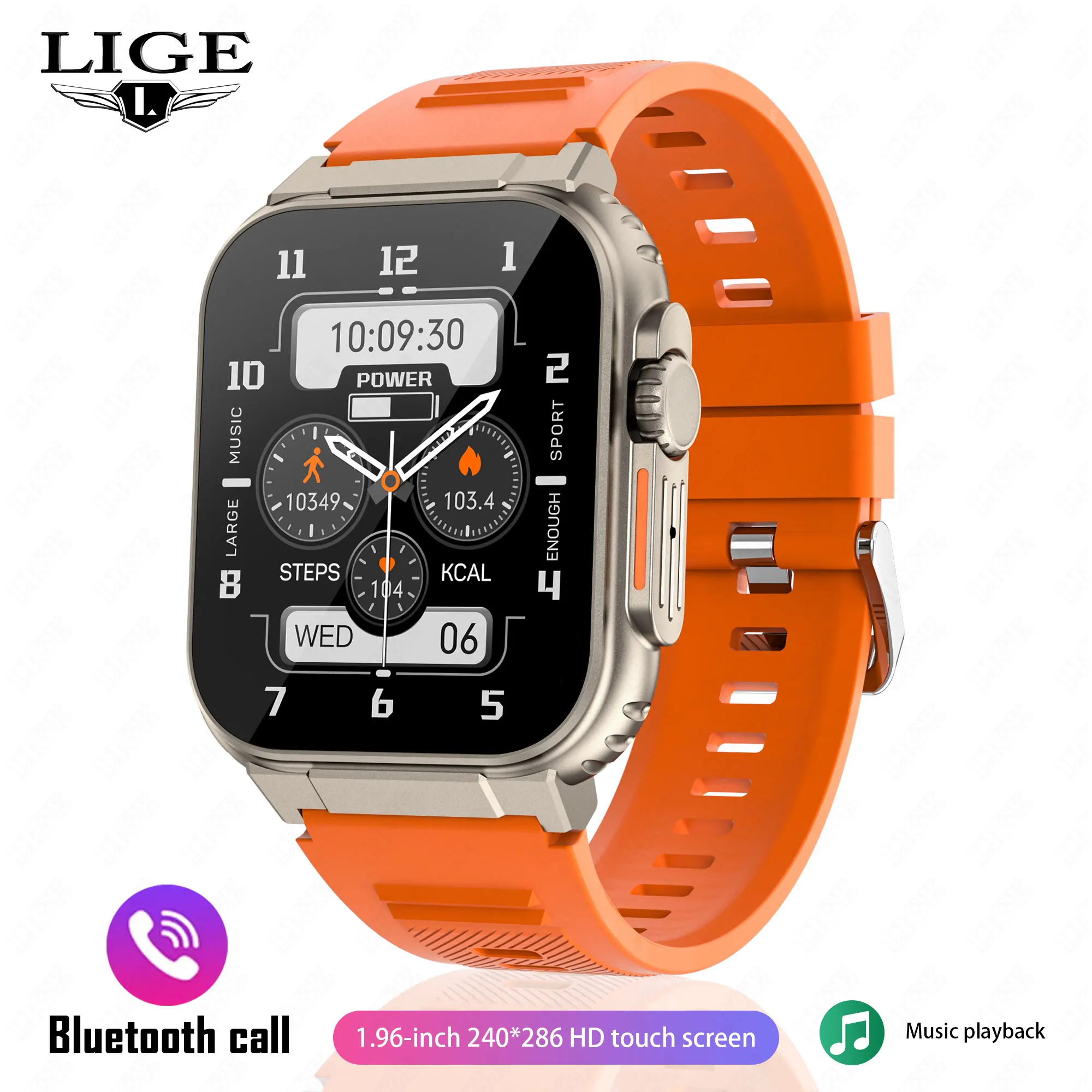 Reloj inteligente (naranja), resistente al agua, llamadas Bluetooth, control táctil completo, monitorización de frecuencia cardíaca.