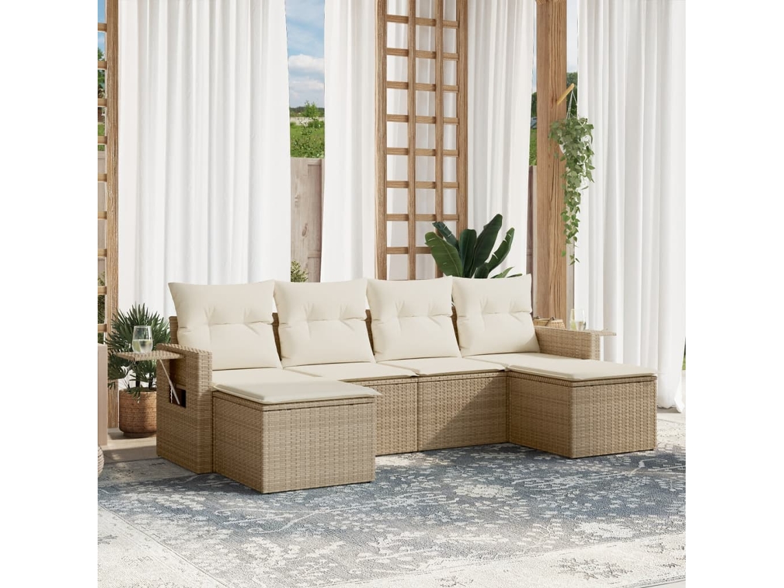 Conjunto de sofá de jardín de 6 piezas con cojines, mimbre sintético beige, Dkd Home Decor