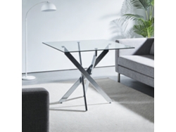 Mesa De Comedor Cuadrada 80x80x75 Cm Con Vidrio Templado Y Patas Metálicas Cruzadas Cromadas, Moderna