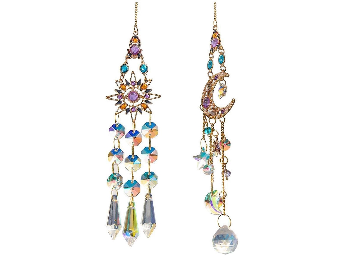 2 Piezas de Lámpara Colgante Atrapasol, Cristal, Sol, Luna, Prismas para Ventana, Arcoíris, Campanas de Viento Vintage, Colgantes