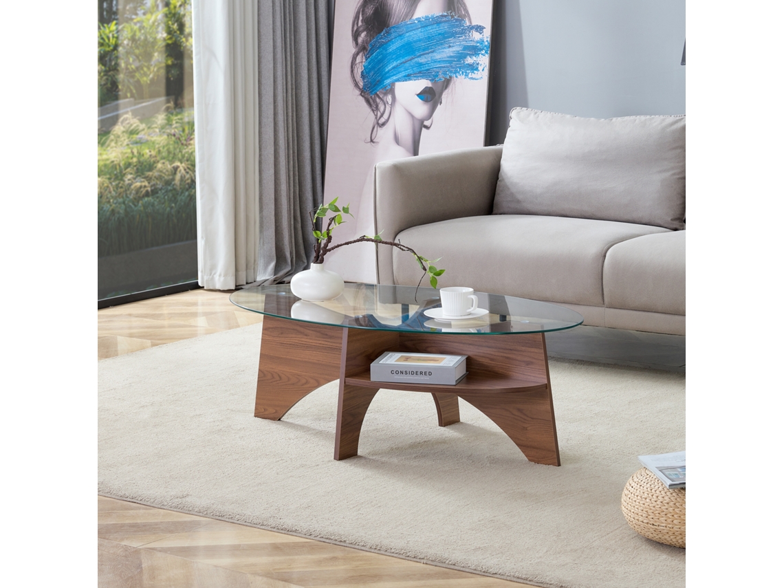 Mesa Café Oval 104,9x60 Cm, Madera Nogal, Estantes Diagonales, Almacenaje
