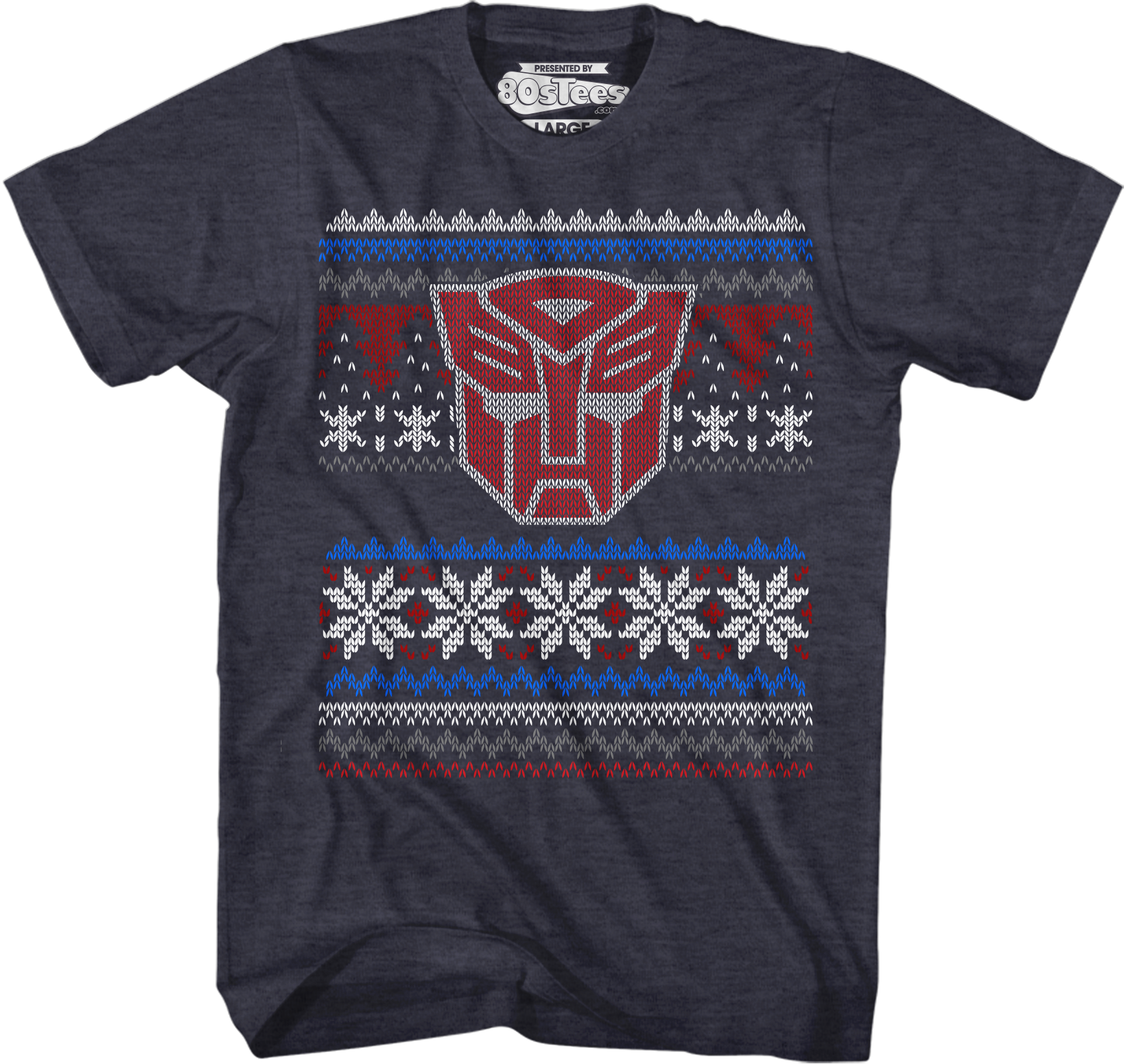 Camisetas Unisex DEEPSTONE Autobot Faux Ugly Christmas Sweater Transformers azul marino brezo (L)