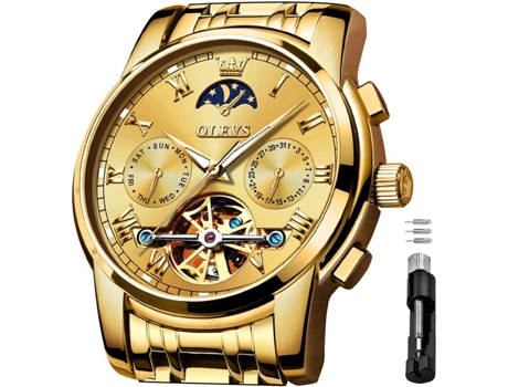 VEANXIN Reloj Tourbillon luminoso de acero inoxidable con fase lunar, mecánico, automático, hueco, resistente al agua, para hombre(oro)