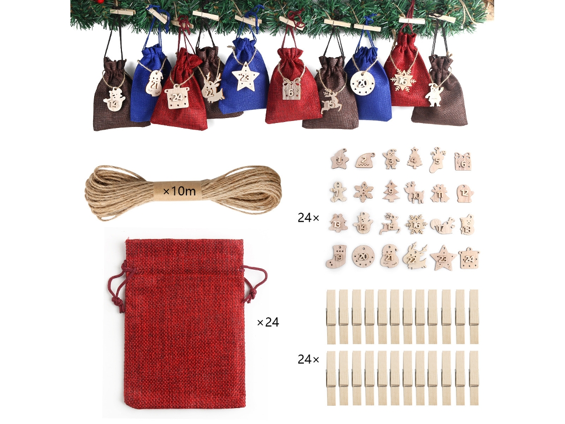 Calendario de Adviento navideño con cuenta regresiva de 24 días (rojo)