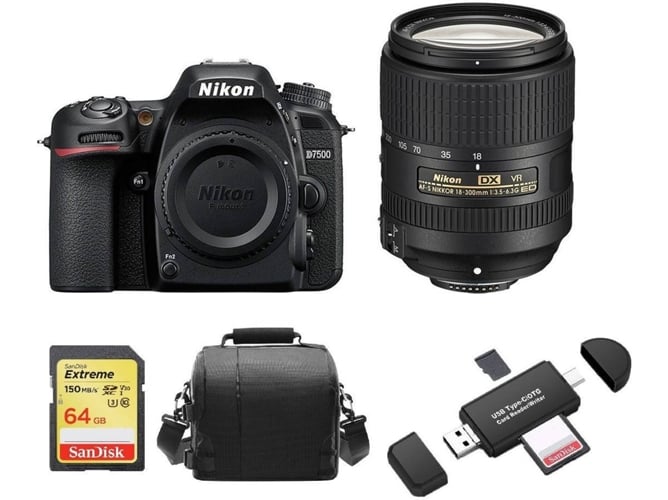 Kit Cámara Réflex NIKON D7500 + AF-S 18-300mm F3.5-6.3G ED VR DX + 64GB SD + Lector tarjetas