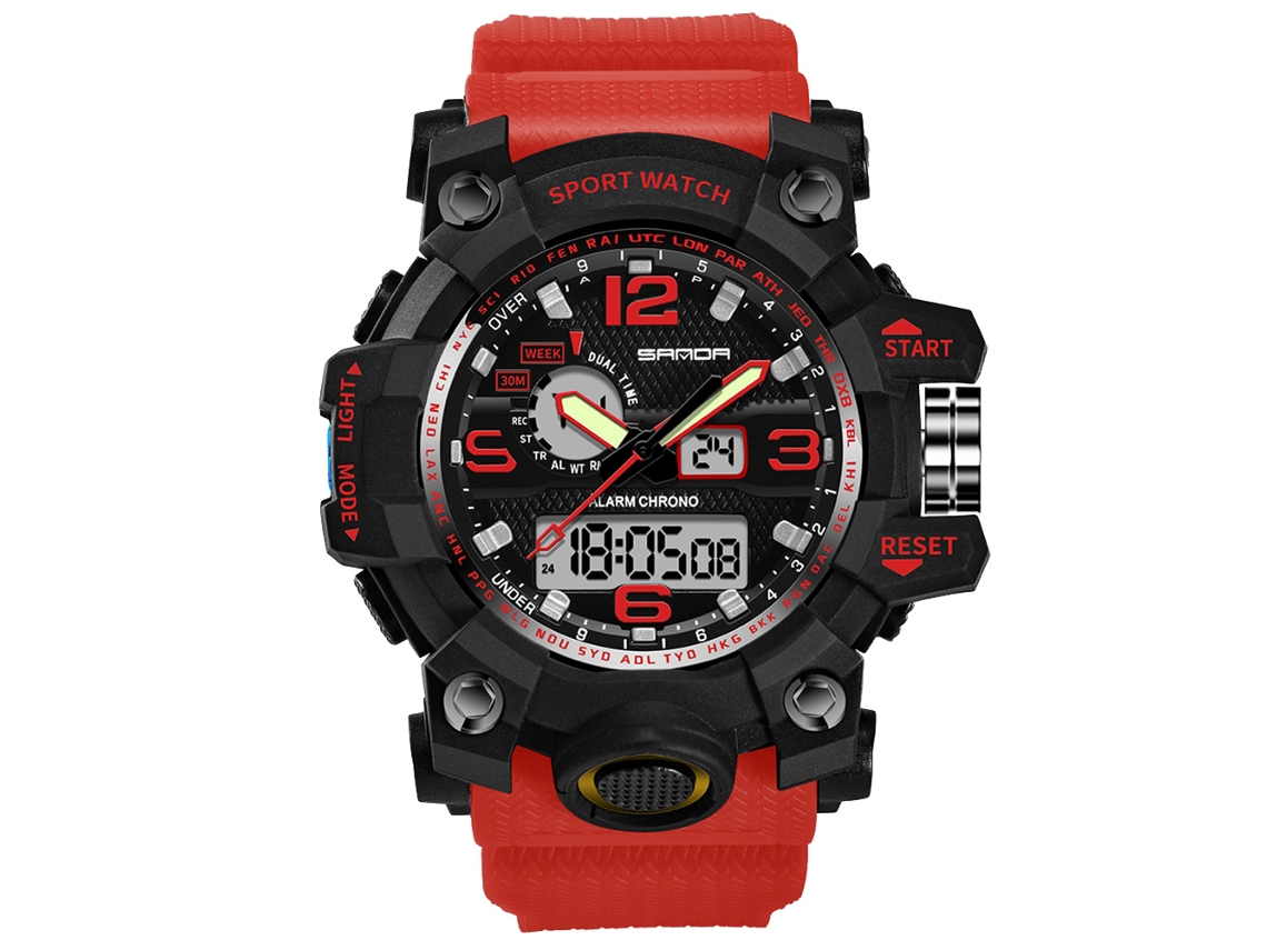 Reloj Electrónico Multifuncional Sanda, Resistente Al Agua, Doble Pantalla, Deportivo, Rojo.