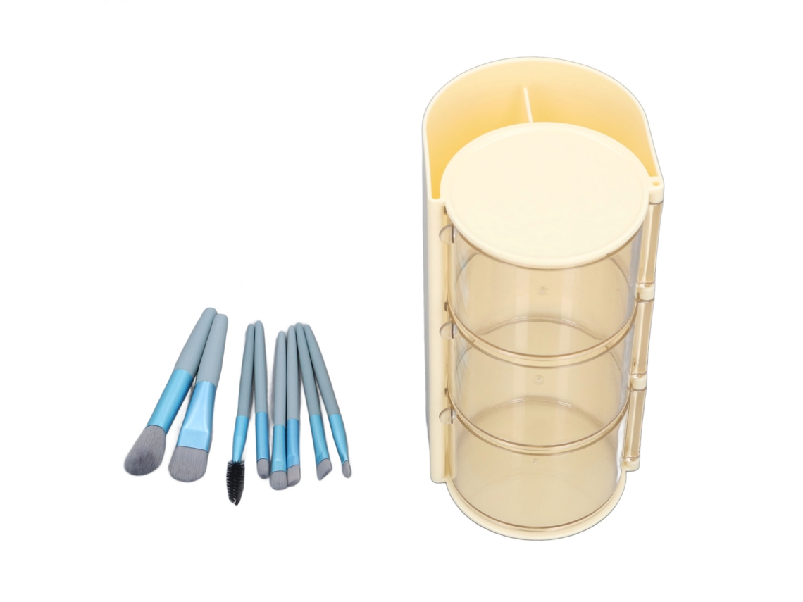 Caja De Almacenamiento Para Esponjas De Maquillaje Con 8 Brochas, Plástico Transparente, Giratoria, 3 Niveles, Amarilla