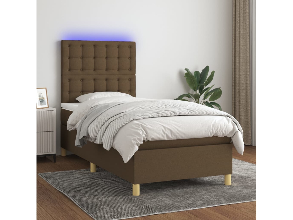 Cama Box Spring Colchón Y Luces Led Tela Marrón Oscuro 90x200cm