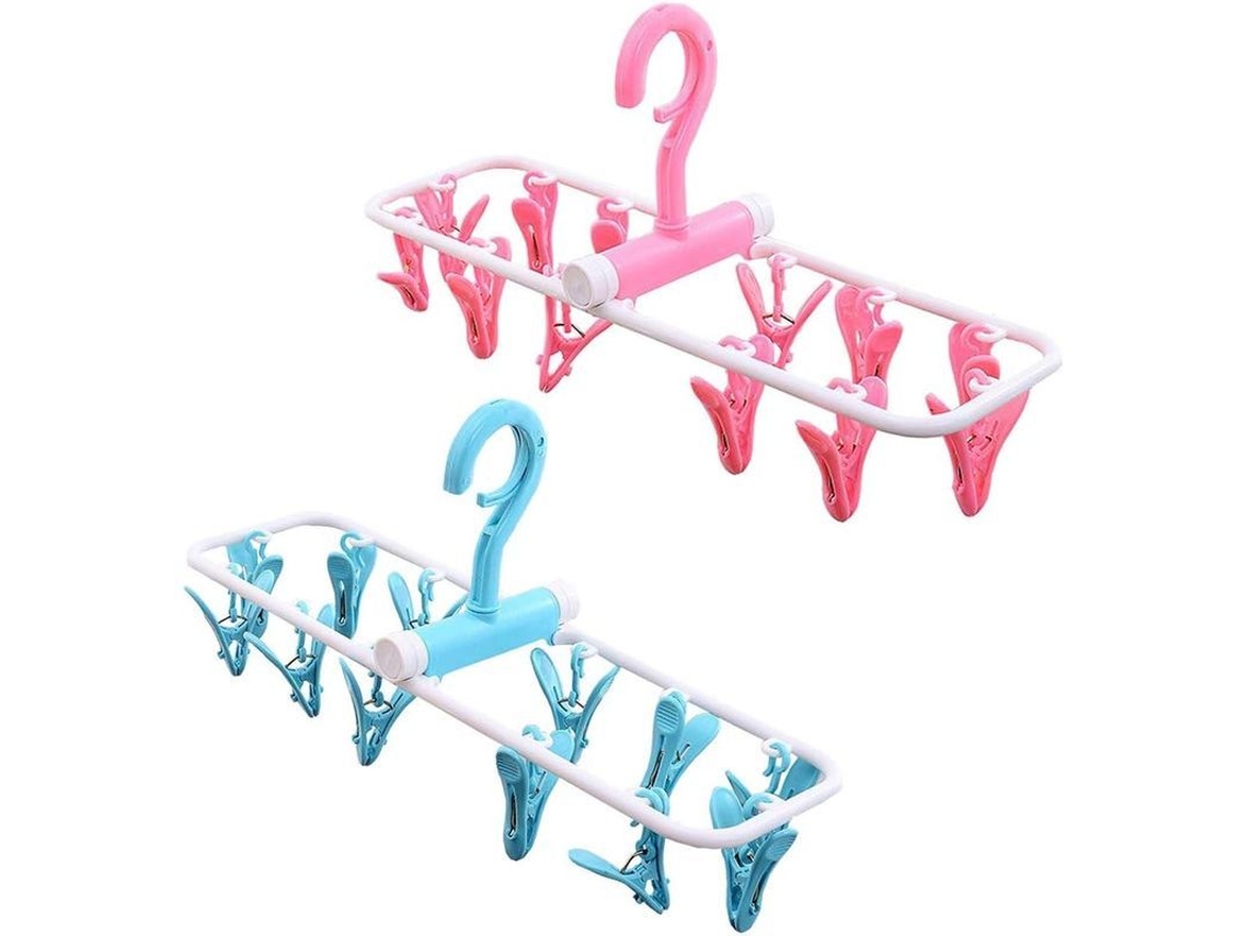 Tendedero Plegable Portátil Con 12 Ganchos Para Viajes Linjou, Paquete De 2 (rosa Y Azul)